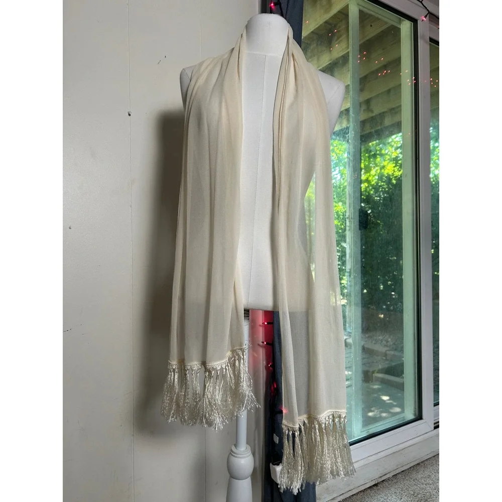 Vintage Cream Scarf Tassel Fringe Ivory Festival Chic Old Money Luxury Romantic